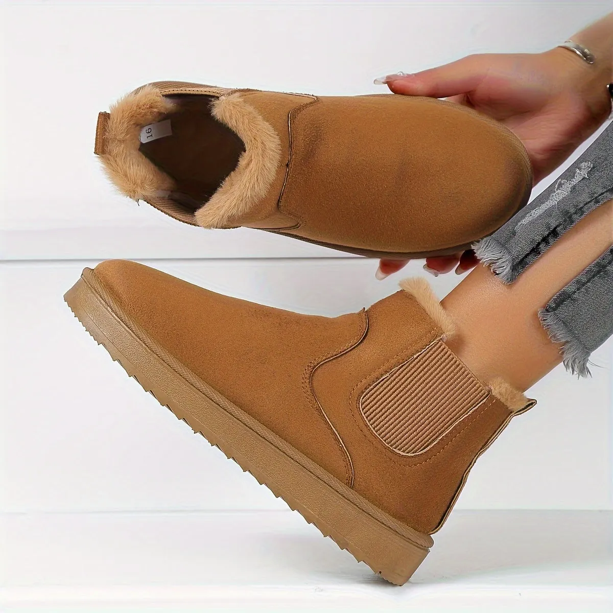 Women's Solid Color Short Boots, Casual Slip On Plush Lined Ankle Boots, Comfortable Winter Boots