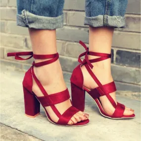 Wrap Around Tie Thick High Heels