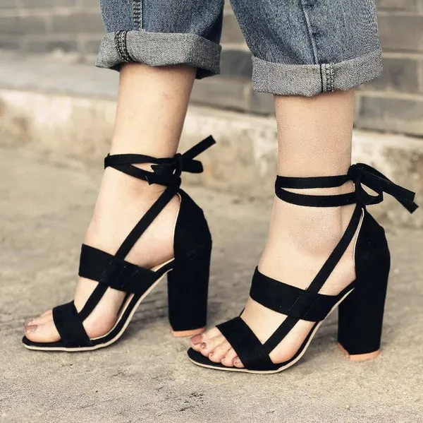 Wrap Around Tie Thick High Heels