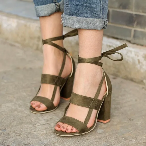 Wrap Around Tie Thick High Heels