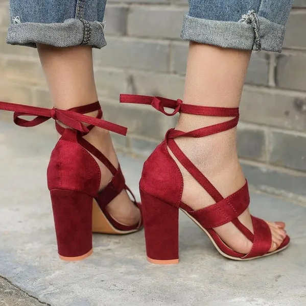 Wrap Around Tie Thick High Heels