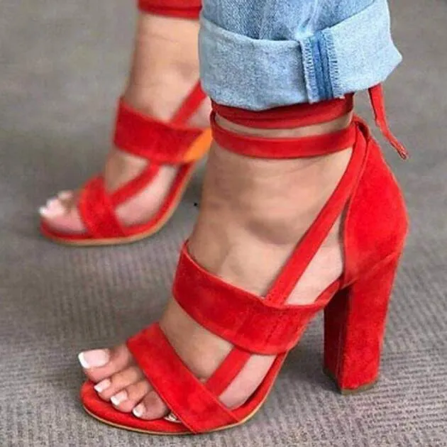 Wrap Around Tie Thick High Heels