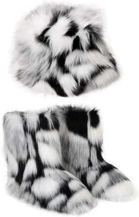 YESBOR Women's Winter Faux Fur Snow Boots Warm Fuzzy Fluffy Bucket Hat Rainbow Fisherman Cap